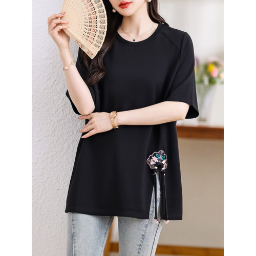 九月陌墨盤釦開叉短袖T恤女夏季國風寬鬆上衣2024新款大碼女裝潮