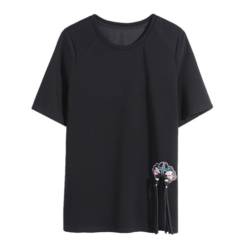 九月陌墨盤釦開叉短袖T恤女夏季國風寬鬆上衣2024新款大碼女裝潮