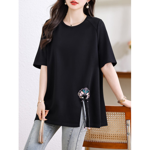 九月陌墨盤釦開叉短袖T恤女夏季國風寬鬆上衣2024新款大碼女裝潮