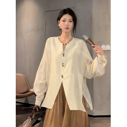 大碼設計感新中式長袖襯衫女2025新款秋季微胖MM寬鬆顯瘦早秋上衣