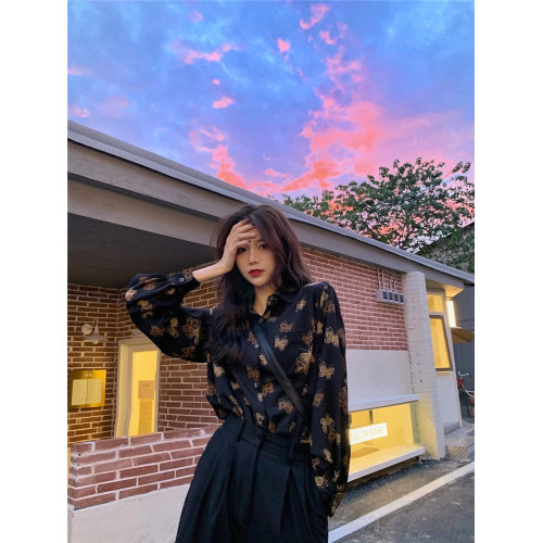 大碼胖妹妹蝴蝶襯衫女春秋裝新款設計感小衆復古港風輕熟法式上衣