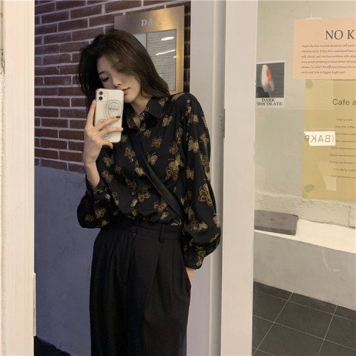 大碼胖妹妹蝴蝶襯衫女春秋裝新款設計感小衆復古港風輕熟法式上衣