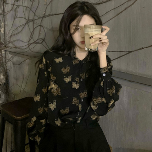 大碼胖妹妹蝴蝶襯衫女春秋裝新款設計感小衆復古港風輕熟法式上衣