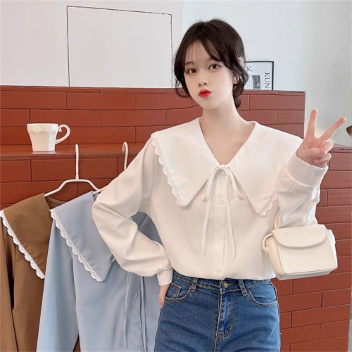 洋氣娃娃領蝴蝶結襯衫女春秋季新款法式系帶曡穿百搭別致小衫上衣
