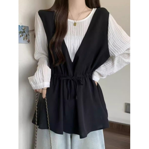 減齡洋氣襯衫女寬鬆遮肉慵懶風撞色假兩件長袖女裝2025年秋季新款