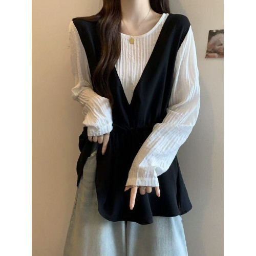 減齡洋氣襯衫女寬鬆遮肉慵懶風撞色假兩件長袖女裝2025年秋季新款