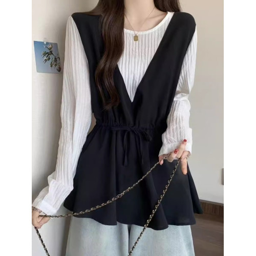 減齡洋氣襯衫女寬鬆遮肉慵懶風撞色假兩件長袖女裝2025年秋季新款