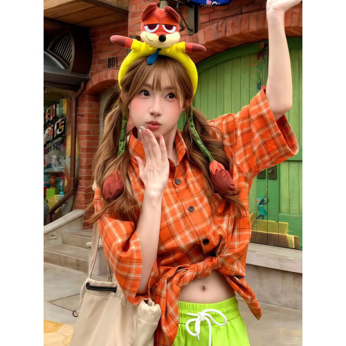 美式復古多巴胺橙色格子短袖襯衫女夏季新款寬鬆休閒百搭小衆襯衣