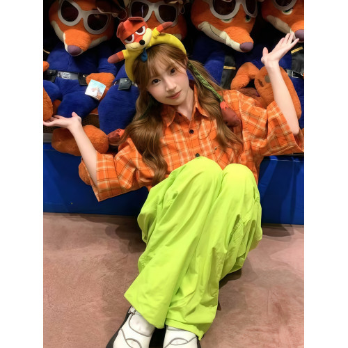 美式復古多巴胺橙色格子短袖襯衫女夏季新款寬鬆休閒百搭小衆襯衣