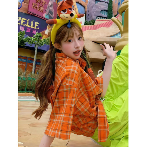 美式復古多巴胺橙色格子短袖襯衫女夏季新款寬鬆休閒百搭小衆襯衣