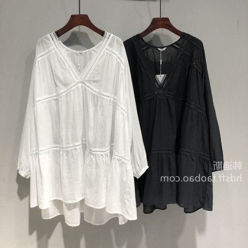 胖mm2-300斤加肥加大碼純色V領寬鬆中長款長袖透氣薄襯衫防曬衫女