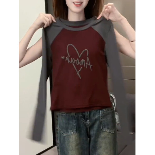 2025秋季新品酒紅色圓領長袖女撞色插肩時尚街頭氣質高級網紅上衣