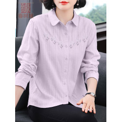 純棉防曬衣女春夏薄款寬鬆綉花純棉長袖襯衣中年媽媽開衫防曬服