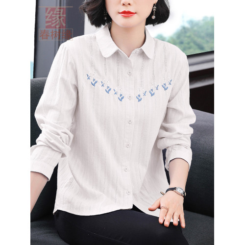 純棉防曬衣女春夏薄款寬鬆綉花純棉長袖襯衣中年媽媽開衫防曬服
