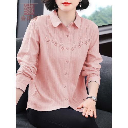 純棉防曬衣女春夏薄款寬鬆綉花純棉長袖襯衣中年媽媽開衫防曬服