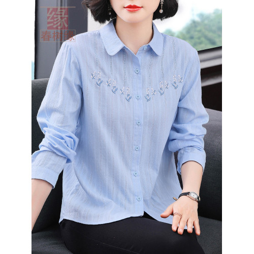 純棉防曬衣女春夏薄款寬鬆綉花純棉長袖襯衣中年媽媽開衫防曬服