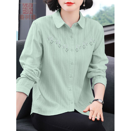 純棉防曬衣女春夏薄款寬鬆綉花純棉長袖襯衣中年媽媽開衫防曬服