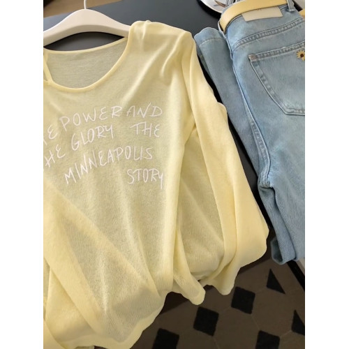 黃色休閒薄款V領長袖防曬罩衫女夏季新款慵懶風寬鬆顯瘦微透上衣