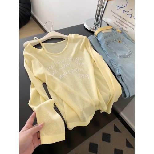 黃色休閒薄款V領長袖防曬罩衫女夏季新款慵懶風寬鬆顯瘦微透上衣