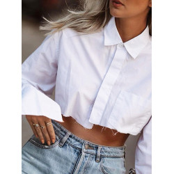 TWOTWINSTYLE歐美磨毛邊露腰短款白色襯衫女式襯衣不規則長袖上衣