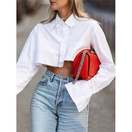 TWOTWINSTYLE歐美磨毛邊露腰短款白色襯衫女式襯衣不規則長袖上衣