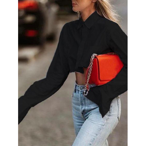 TWOTWINSTYLE歐美磨毛邊露腰短款白色襯衫女式襯衣不規則長袖上衣