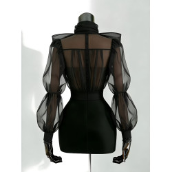 設計感黑色歐根紗泡泡袖蝴蝶結襯衫女春季氣質高級感透視薄款上衣