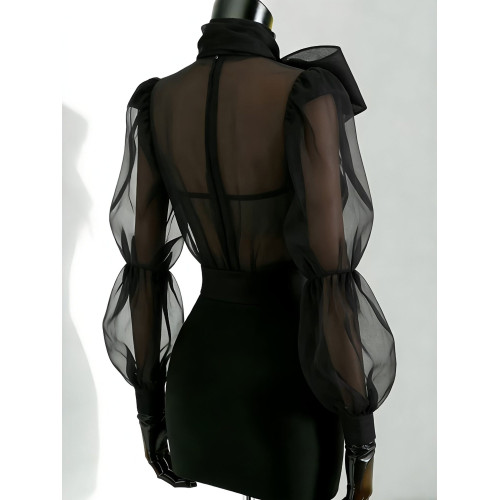 設計感黑色歐根紗泡泡袖蝴蝶結襯衫女春季氣質高級感透視薄款上衣