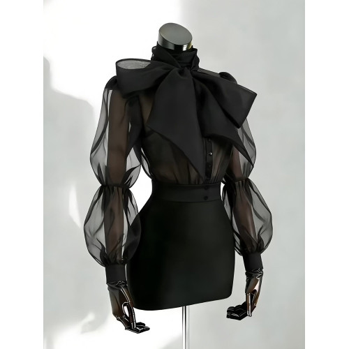 設計感黑色歐根紗泡泡袖蝴蝶結襯衫女春季氣質高級感透視薄款上衣