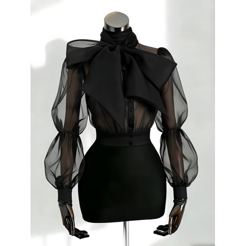 設計感黑色歐根紗泡泡袖蝴蝶結襯衫女春季氣質高級感透視薄款上衣