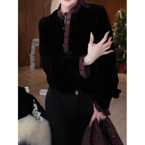 輕奢絲絨拼接蕾絲襯衫長袖2026秋冬新款大碼胖mm顯瘦寬鬆高級上衣