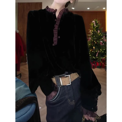 輕奢絲絨拼接蕾絲襯衫長袖2026秋冬新款大碼胖mm顯瘦寬鬆高級上衣