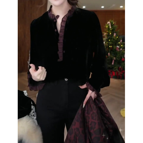 輕奢絲絨拼接蕾絲襯衫長袖2026秋冬新款大碼胖mm顯瘦寬鬆高級上衣