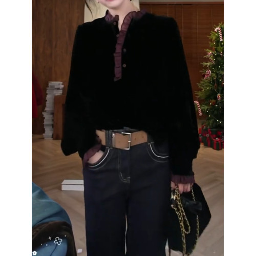 輕奢絲絨拼接蕾絲襯衫長袖2026秋冬新款大碼胖mm顯瘦寬鬆高級上衣