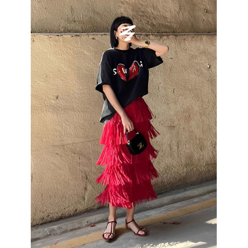 宅家褶皺高級流蘇裙2025女裝夏季新款小衆氣質百搭顯瘦上衣半身裙