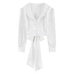 小香風高腰顯瘦超仙美蝴蝶結襯衫春秋法式新款泡泡袖氣質短款上衣