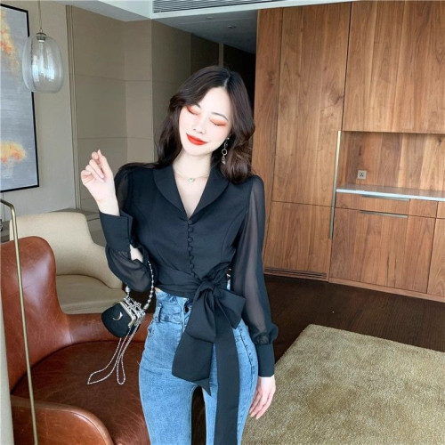 小香風高腰顯瘦超仙美蝴蝶結襯衫春秋法式新款泡泡袖氣質短款上衣