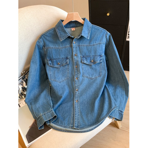 廣州十三行高貨爆款~復古繙領正肩水洗軟牛仔襯衫女長袖秋季曡穿