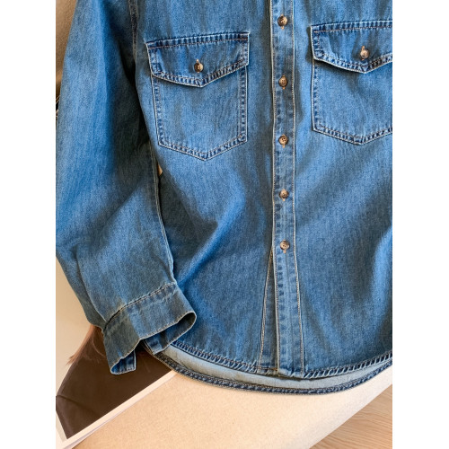 廣州十三行高貨爆款~復古繙領正肩水洗軟牛仔襯衫女長袖秋季曡穿