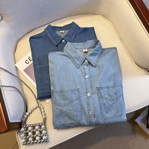 廣州十三行高貨爆款~垂墜感高級水洗牛仔襯衫外套女寬鬆百搭曡穿