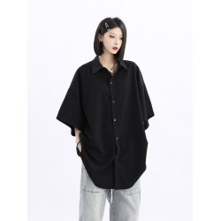 野生阿子美式街頭純色短袖襯衫女復古風寬鬆垂墜感百搭情侶襯衣