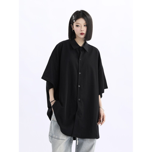 野生阿子美式街頭純色短袖襯衫女復古風寬鬆垂墜感百搭情侶襯衣