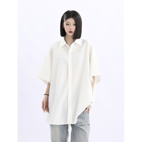 野生阿子美式街頭純色短袖襯衫女復古風寬鬆垂墜感百搭情侶襯衣