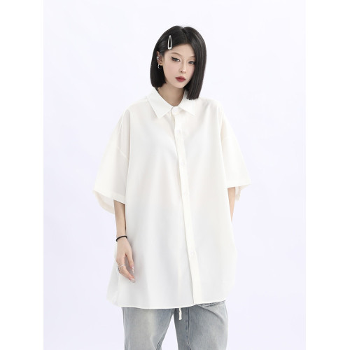 野生阿子美式街頭純色短袖襯衫女復古風寬鬆垂墜感百搭情侶襯衣