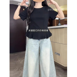 大碼荷葉邊下擺顯瘦遮肚子小衫女夏季胖mm設計感圓領短袖T恤上衣