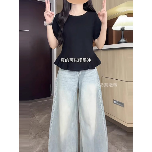 大碼荷葉邊下擺顯瘦遮肚子小衫女夏季胖mm設計感圓領短袖T恤上衣