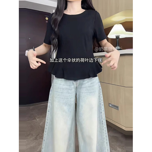 大碼荷葉邊下擺顯瘦遮肚子小衫女夏季胖mm設計感圓領短袖T恤上衣