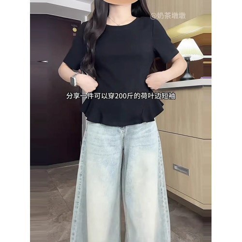 大碼荷葉邊下擺顯瘦遮肚子小衫女夏季胖mm設計感圓領短袖T恤上衣