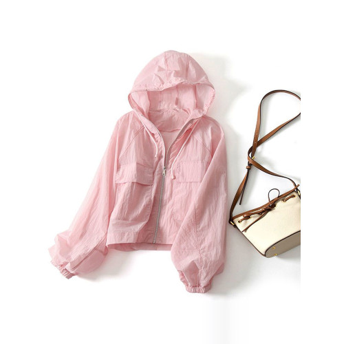 防曬衣女2025新款通勤百搭透氣輕薄外套寬鬆短款純色連帽防曬服