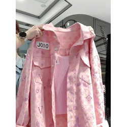 重工燙鑽印花粉色繙領襯衫外套女秋2026新款小個子寬鬆休閒防曬衣